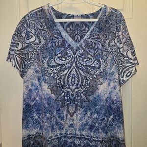 Laura Scott Woman Blue Print Tunic Top w Rinestone Beaded Front - 3XL